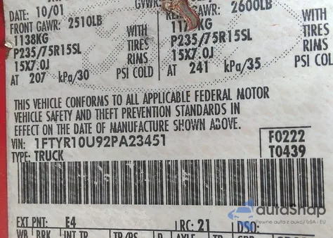 2002 Ford Ranger Edge/Xl/Xlt z USA, uszkodzony, nr VIN 1FTYR10U92PA23451